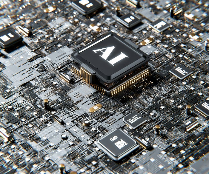 A circuit board with a prominent chip labeled "AI"
