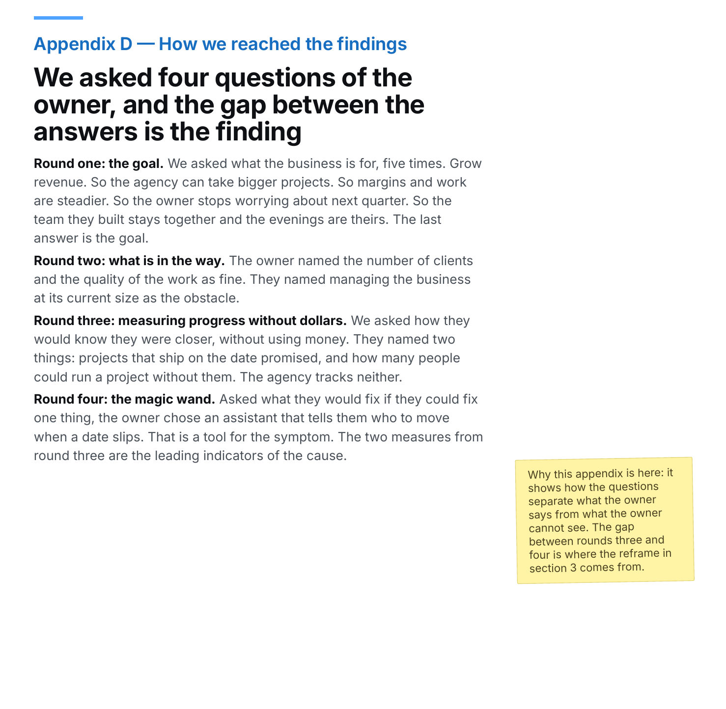 The appendix describing four rounds of questions put to the owner, and the gap between what they said and what the evidence showed. (PDF page 13.)